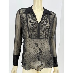 Vintage 90s Sheer Silk Whimsy Goth Embellished Beaded Floral Top Black 12